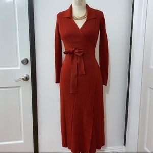 Red Brick Knitted Wrap Midi Dress